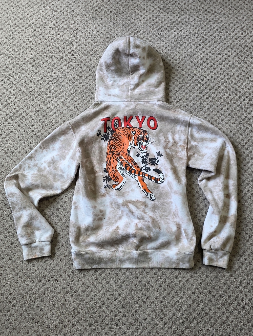 Men's Hoodie with Orange Tiger Graphic - Beige Tie-Dye